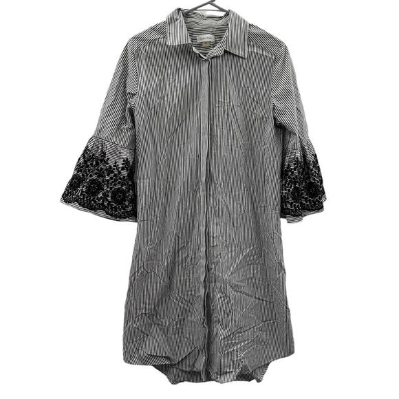 Calvin Klein Gray & White Striped Boho Wide Bell Sleeve Button Down Dress Sz‎ 6 - Picture 1 of 11